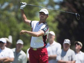 Mike Weir, of Canada, tees off on the second hole at the 2016 Canadian Open in Oakville, Ont., on Friday, July 22, 2016. With no status on the PGA Tour this year, Weir spent Wednesday at a place filled with good memories for him: Augusta National Golf Club. THE CANADIAN PRESS/Nathan Denette