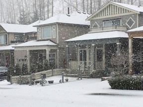 Snow falls in Langley Monday morning.