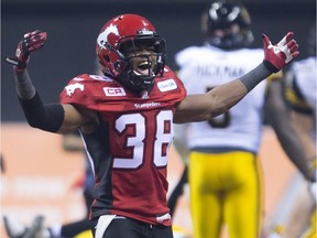 Calgary Stampeders defensive back Buddy Jackson celebrates a blocked kick against the Hamilton Tiger-Cats during the Grey Cup in Vancouver on Nov. 30, 2014.