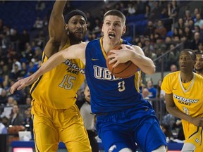 Conor Morgan, shown in UBC's national championship tournament game last March versus Ryerson, is on the limp with a wonky ankle to start the  Canada West playoffs this year.