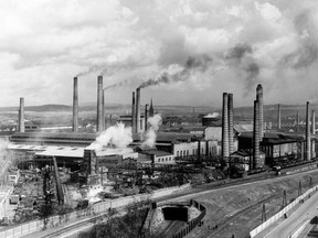 In this August 1938 file photo, smoke rises from smokestacks at Skoda's main foundry in Pilsen, Czechoslovakia.
