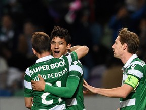 Fredy Montero celebrates a goal for Sporting in 2016.