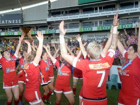 Canadian players celebrate their victory after winning the Women's Final match between Canada and USA' in the 2017 HSBC Sydney Sevens at Allianz Stadium on February 4, 2017 in Sydney, Australia.