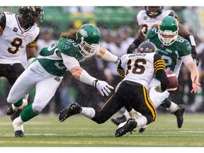REGINA, SK - JUNE 29:  Brandon Banks #16 of the Hamilton Tiger-Cats mishandles a punt in front of Dylan Ainsworth #90 and Levi Steinhauer #62 of the Saskatchewan Roughriders during week one of the 2014 CFL season at Mosaic Stadium on June 29, 2014 in Regina, Saskatchewan, Canada.