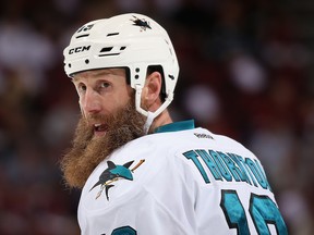 GLENDALE, AZ - NOVEMBER 19:  Joe Thornton #19 of the San Jose Sharks during the second period of the NHL game against the Arizona Coyotes at Gila River Arena on November 19, 2016 in Glendale, Arizona.