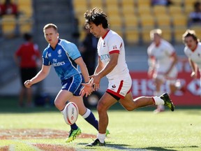 Nathan Hirayama of Canada kicks off against Russia at the HSBC Wellington Sevens on 28 January, 2017, round three of the HSBC World Rugby Sevens Series 2016-17.