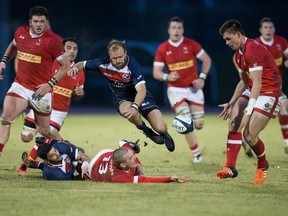 Nick Blevins' offload to Guiseppe du Toit was called a forward pass on Saturday. Canada lost to the USA by two tries.