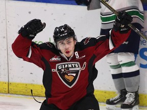 James Malm of the Vancouver Giants celebrates his goal against the Seattle Thunderbirds on Nov. 12, 2016 in Langley.