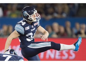 Former Toronto Argonauts' kicker Swayze Waters boots a field goal in CFL action. Waters signed with the B.C. Lions for the upcoming season.