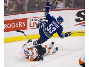 Bo Horvat gets tangled up with a Flyer.