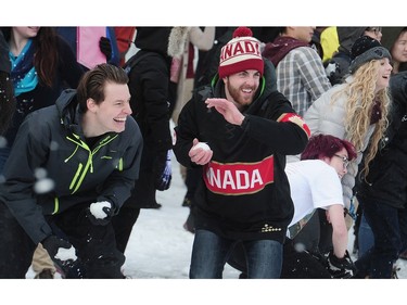 Some of the thousands of students who participated in a snowball fight on UBC Main Mall in Vancouver, Feb. 6, 2017.