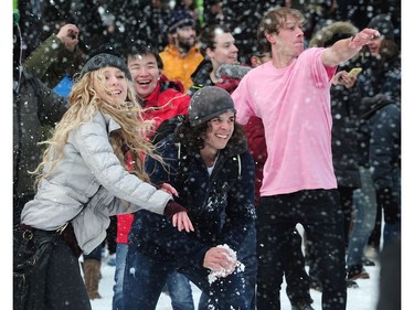 Some of the thousands of students who participated in a snowball fight on UBC Main Mall in Vancouver, Feb. 6, 2017.