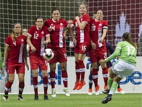 Canada #4 Shelina Zadorsky, #12 Christen Sinclair,  #14 Melissa Tancredi, #16 Janine Beckie and #20 Marie-Eve Nault form a wall to block a free kick by  Mexico  #17 Maria Sanchez in a women's International friendly soccer game at B.C. Place Vancouver, February 04 2017.