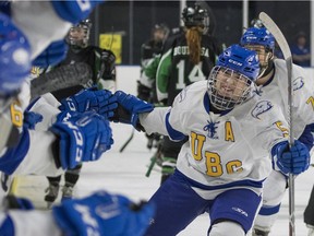 UBC Thunderbirds defenceman Kelly Murray celebrates a goal against the University of Saskatchewan Huskies during a U Sports Canada West women's playoff game at UBC last weekend.