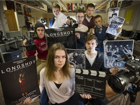 Film students at Rockridge Secondary have produced a documentary on Brian Upson, the coach of the West Vancouver Highlanders, who died two weeks after coaching the team to the provincial title in 1982. Meryl Stevens, front, is the producer and Tavish Kelpin, front right, directed the film. Other students, from left: Willem Young, red shirt; Tyler Legg; and Nicholas Tremblay. Rear, Sawyer Scholz; and film instructor David Shannon.