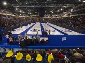 Play comes to a halt as a power outage hits the Team Canada against Northern Ontario 3 vs. 4 Page playoff game at the Tim Hortons Brier curling championship at Mile One Centre in St. John&#039;s on Saturday, March 11, 2017. The Avalon Peninsula has been whipped by extremely high winds and precipitation. THE CANADIAN PRESS/Andrew Vaughan