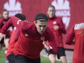 Christine Sinclair and members of the Canadian women&#039;s soccer team practise at B.C. Place, in Vancouver on Friday, Feb. 3, 2017. Captain Sinclair will lead a 22-woman Canadian squad that features seven teenagers to Europe in April for a pair of testing matches against Germany and Sweden. THE CANADIAN PRESS/Jonathan Hayward