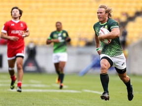 South Africa’s Werner Kok breaks away for a try against Canada, leaving — among others — Nathan Hirayama (far left) in his wake during the Wellington Sevens in New Zealand in late January. Kok, a BlitzBoks’ star, didn’t even start in last weekend’s Las Vegas series final. As Hirayama puts it: ‘They have so many guys with real game-breaking ability.’