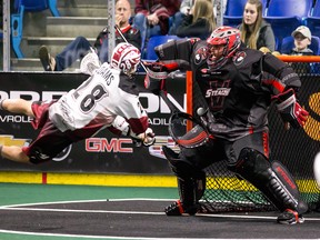 Tye Belanger makes a stop for the Vancouver Stealth in a recent game against the Colorado Mammoth.