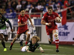 Adam Zaruba on a rampaging run against South Africa — though he may have injured himself on the play.