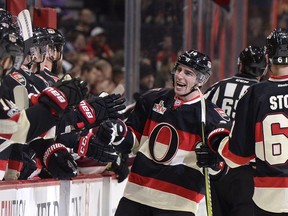 Ottawa Senators Alexandre Burrows (14) celebrates a goal against the Colorado Avalanche during first period NHL hockey action in Ottawa on Thursday.