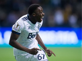 Vancouver Whitecaps' Alphonso Davies celebrates his goal against the New York Red Bulls during first half CONCACAF Champions League quarter-final soccer action in Vancouver, B.C., on Thursday, March 2, 2017.