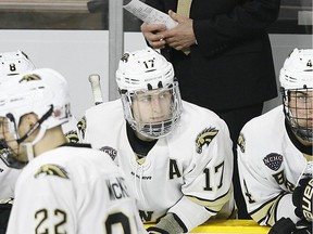 Griffen Moreno (17) on the Western Michigan Broncos bench Friday vs. Air Force in NCAA regionals action.
