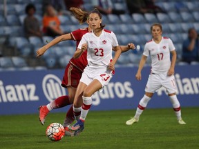 Canada's Jordyn Huitema (23) moves the ball up the pitch during Algarve Cup action, in Sao Joao da Venda, Portugal on Wednesday. The 15-year-old forward from Chilliwack made her senior debut Wednesday in Canada's 1-0 loss to Spain in the Algarve Cup final.