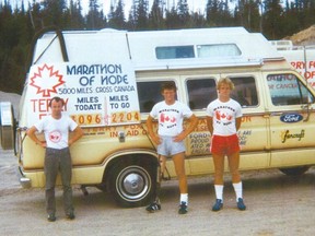 Doug Allward, Terry Fox and Darrell Fox on the road. Credit Gail Harvey 
Please note: small file size [PNG Merlin Archive]