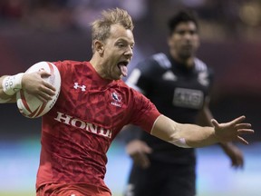 Harry Jones runs for a try during World Rugby Sevens Series action against New Zealand in Vancouver last March.
