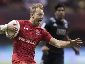 Harry Jones runs for a try during World Rugby Sevens Series action against New Zealand in Vancouver, British Columbia, on Saturday March 11, 2017.