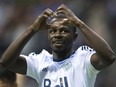 FILE - In this April 23, 2016, file photo, Vancouver Whitecaps' Kekuta Manneh celebrates his goal against FC Dallas during the second half of an MLS soccer game, in Vancouver, British Columbia. File) ORG XMIT: NY171
