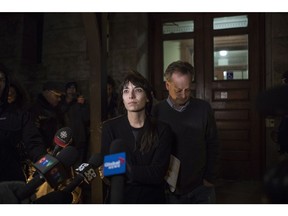 Marc Emery and his wife, Jodie, speak to journalists outside a Toronto court after being released on bail on Friday, March 10, 2017.