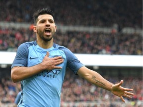 Sergio Aguero has been on a tear of late for Manchester City — at least in domestic competition in England — as he celebrates a goal during an FA Cup quarter-final match against host Middlesbrough last weekend.