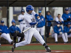 UBC's Mitch Robinson takes a cut against the  Corban University Warriors at Thunderbird Park earlier this month. He has 28 RBI in 22 games.