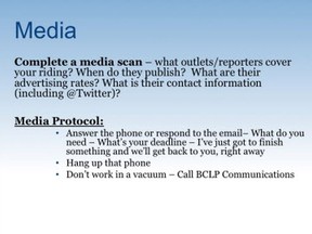 Page from Liberal PowerPoint explains how to deal with local media.