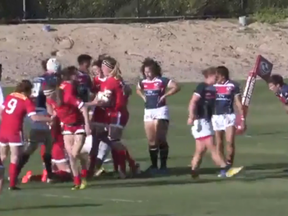 Tyson Beukeboom and her Canada teammates celebrate try Tuesday vs. the USA.