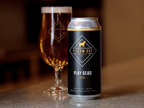 Cans of Play Dead IPA follows Yellow Dog's typical colour-block packaging and bold logo, which features the owners' golden retriever.