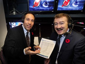 Dave Tomlinson, former NHLer and current colour commentator for TSN1040 radio, along with Rogers Sportsnet announcer John Garrett, in the TSN 1040 broadcast booth.