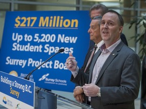 B.C. Education Minister Mike Bernier announces $217 million for 5,200 new student places in Surrey at a press conference in January.