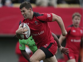 Abbotsford’s Justin Douglas makes a break for Canada during an April 2015 match at the Tokyo Sevens Series tournament. Now 22, he made his international debut as a teenager in the 2012-13 season.