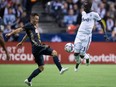 Whitecaps Kekuta Manneh celebrates his goal against FC Dallas during an MLS game in Vancouver on April 23, 2016.