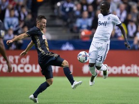 Whitecaps Kekuta Manneh celebrates his goal against FC Dallas during an MLS game in Vancouver on April 23, 2016.