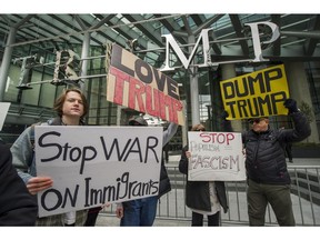 There was a mix of Trump supporters and protesters as hundreds turned out at the official opening of the Trump Tower in Vancouver on Feb. 28.