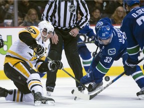 Henrik Sedin tangled with Sidney Crosby in this March 11, 2017 face-off, but betting money is that Crosby sees plenty of Brent Sutter tonight when the Pens face the Canucks.