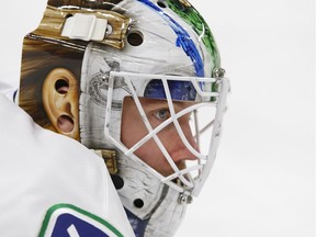 Vancouver Canucks goalie Jacob Markstrom looks on prior to an NHL hockey game against the Buffalo Sabres, Sunday, Feb. 12, 2017, in Buffalo, N.Y.
