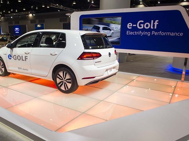 The Volkswagen e-Golf on display at the Vancouver Auto Show held at Vancouver Convention Centre West, Vancouver March 28 2017.
