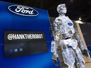The Ford display at the Vancouver Auto Show has Hank the Robot, Vancouver Convention Centre West, Vancouver March 28 2017.