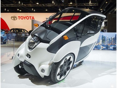A three-wheeled Toyota on display at the Vancouver Auto Show held at Vancouver Convention Centre West, Vancouver March 28 2017.