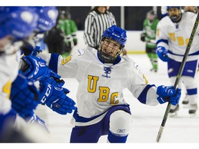Madison Patrick of the No. 1-ranked UBC Thunderbirds celebrates a goal. Her team is hoping to celebrate its first national title soon, too.